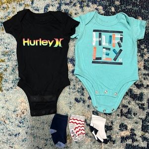 Hurley Bundle (2) 3 month onesies & (3) new pairs of socks